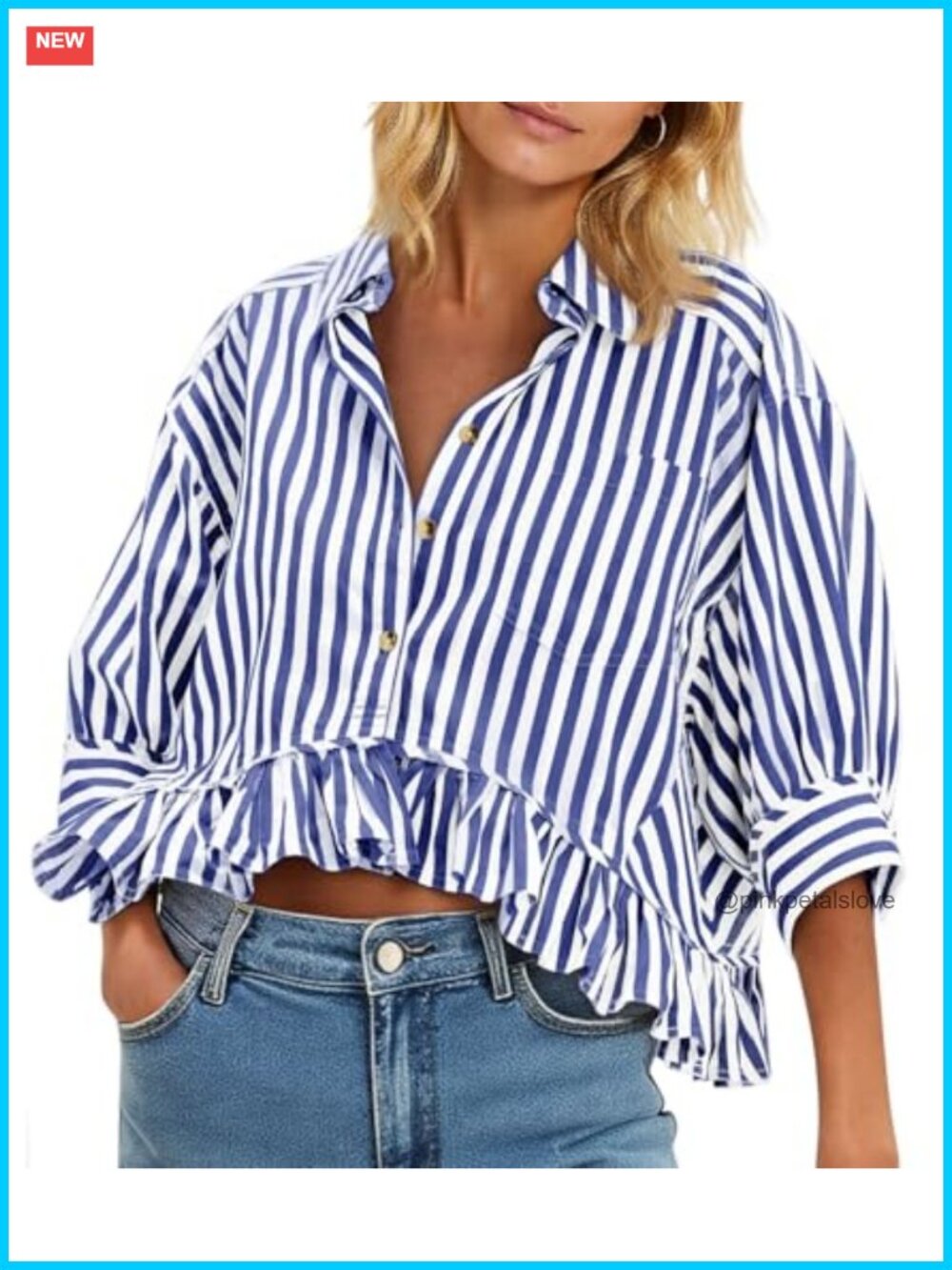 Cropped Striped Button Down Shirt Ruffle 3/4 Sleeve Blouse